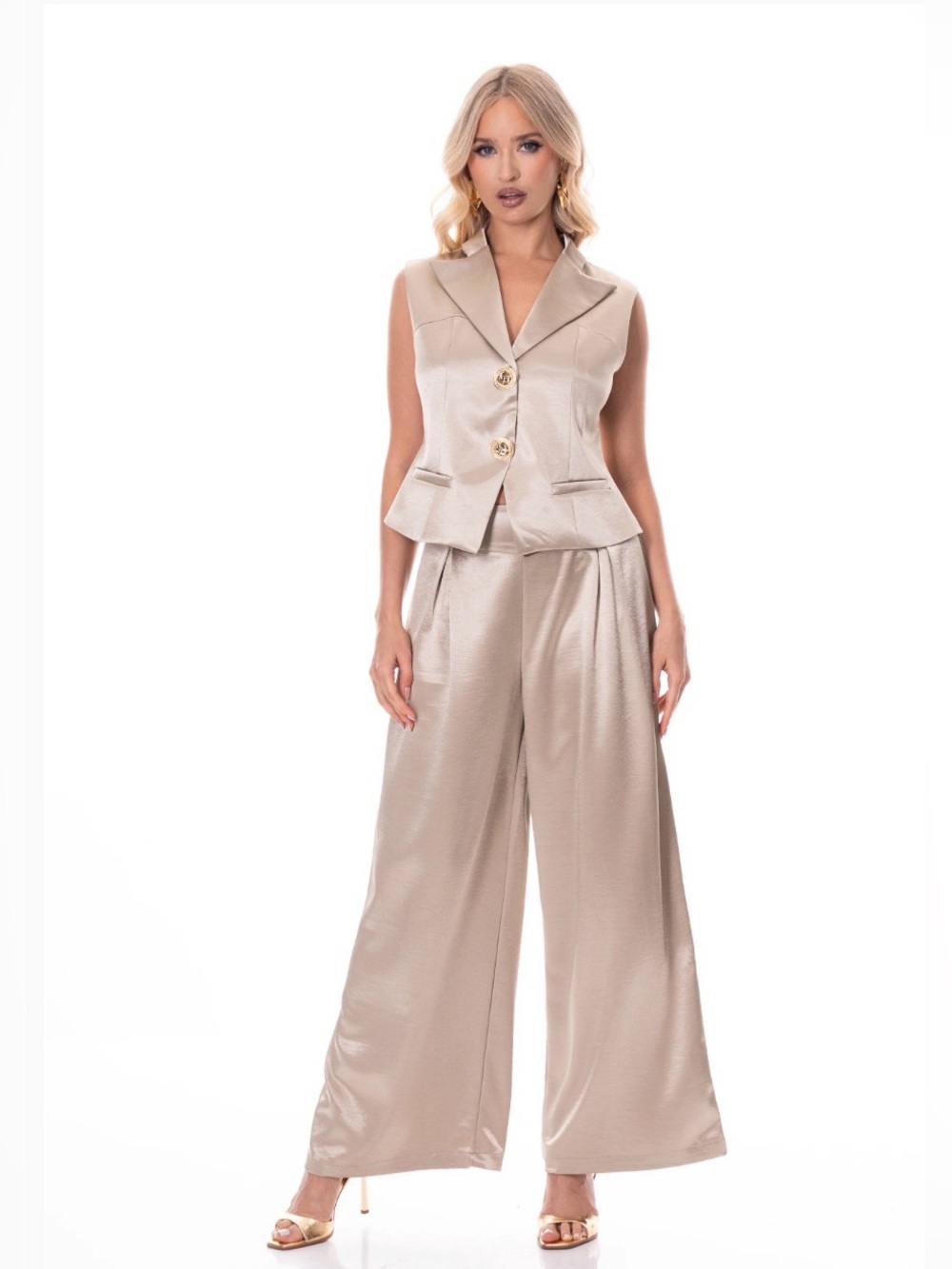 Elegant Champagne Satin Vest & Wide Leg Pant Set | Gold Button | SM119